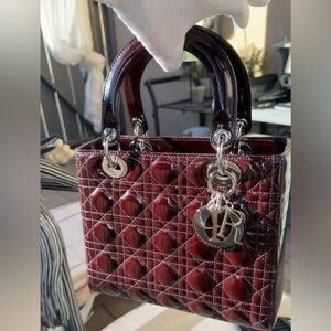 DIOR Cannage Lady Dior Burgundy Patent Leather Silver Hardware Strap Cards COA